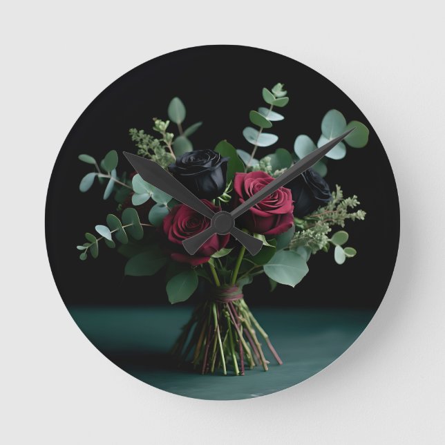 Dark Red Black Rose Bouquet Elegance Round Clock (Front)