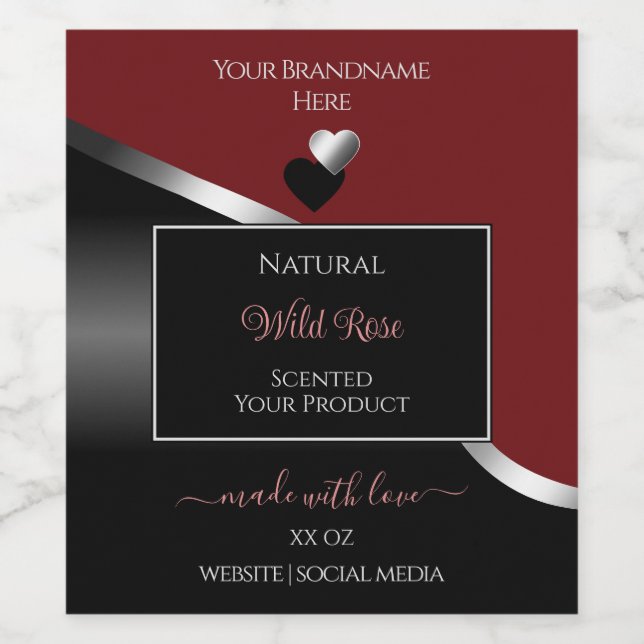 Dark Red Black Wavy Silver Hearts Product Labels (Single Label)