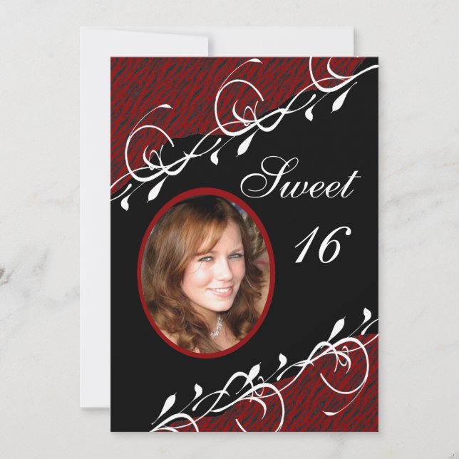 Dark Red & Black Zebra Print Sweet 16 Invitation (Front)