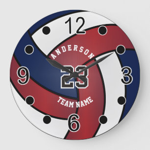 Dark Red, Blue and White Volleyball Large Clock
