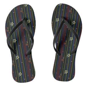 Dark Red, Blue, Green Striped Floral Thongs