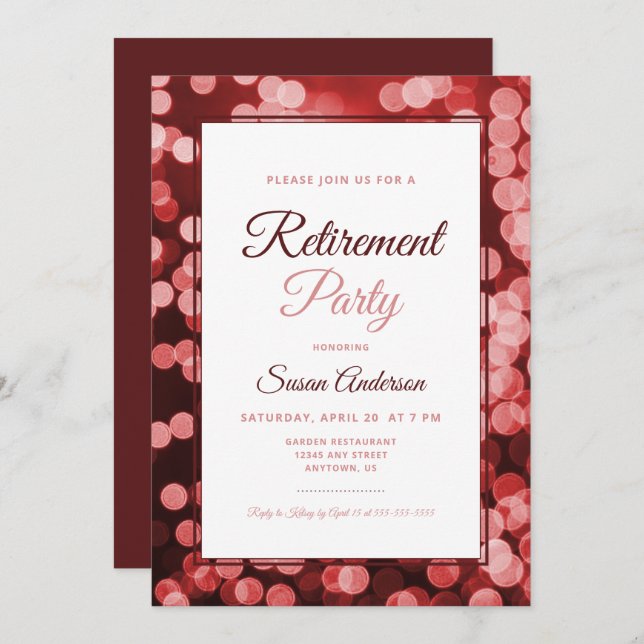 Dark Red Bokeh Elegant Retirement Party Invitation (Front/Back)