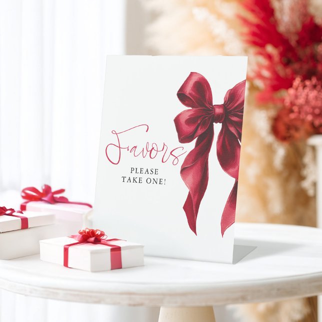 Dark Red Bow Bridal Shower Favours Pedestal Sign (Red Bow Favors Table Sign)