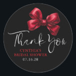 Dark Red Bow Favours Black Bridal Shower Thank You Classic Round Sticker<br><div class="desc">Add a Touch of Charm with These Elegant Red Bow Thank You Stickers. Looking to give your party favours and gifts that perfect finishing touch? These red bow thank you stickers are just what you need! Featuring a beautiful watercolor bow paired with graceful, handwritten-style script, and black moody background they...</div>