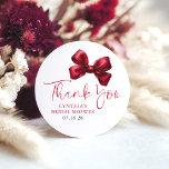 Dark Red Bow Favours Bridal Shower Thank You  Classic Round Sticker<br><div class="desc">Add a Touch of Charm with These Elegant Red Bow Thank You Stickers. Looking to give your party favours and gifts that perfect finishing touch? These red bow thank you stickers are just what you need! Featuring a beautiful watercolor bow paired with graceful, handwritten-style script, they bring a warm and...</div>