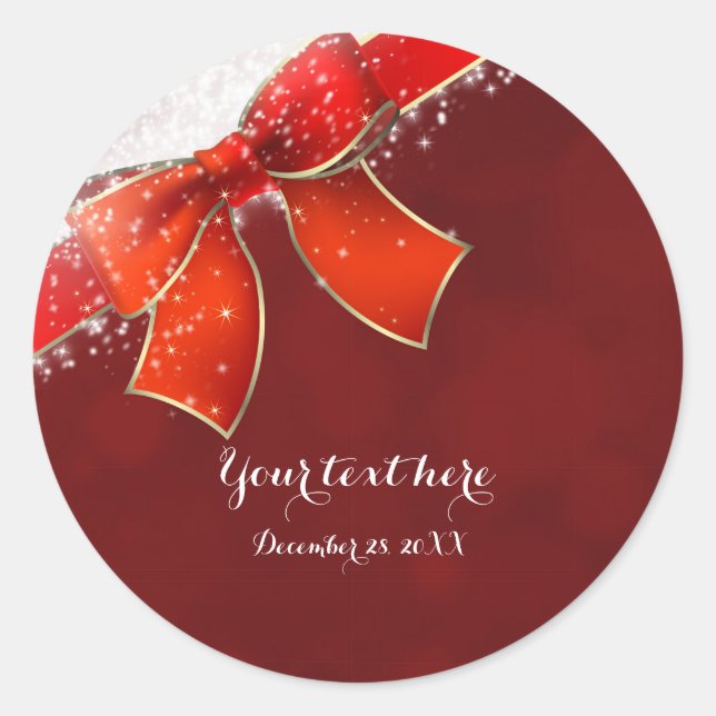 Dark Red Bow & Sparkles Holiday Christmas Favour Classic Round Sticker (Front)