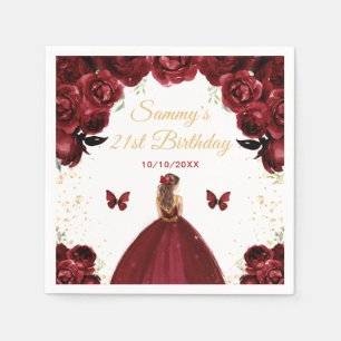 Dark Red Brown Hair Princess Birthday Party Napkin