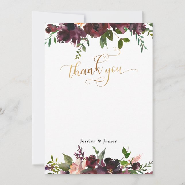Dark Red Burgundy Floral Gold Flat Thank You Card (Front)