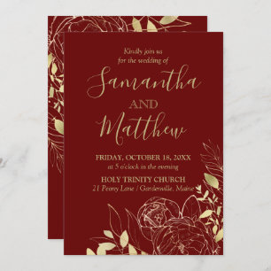 Dark Red Burgundy & Gold Peony Modern Wedding Invitation
