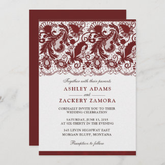 Dark Red Burgundy Lace Elegant Wedding Invitation