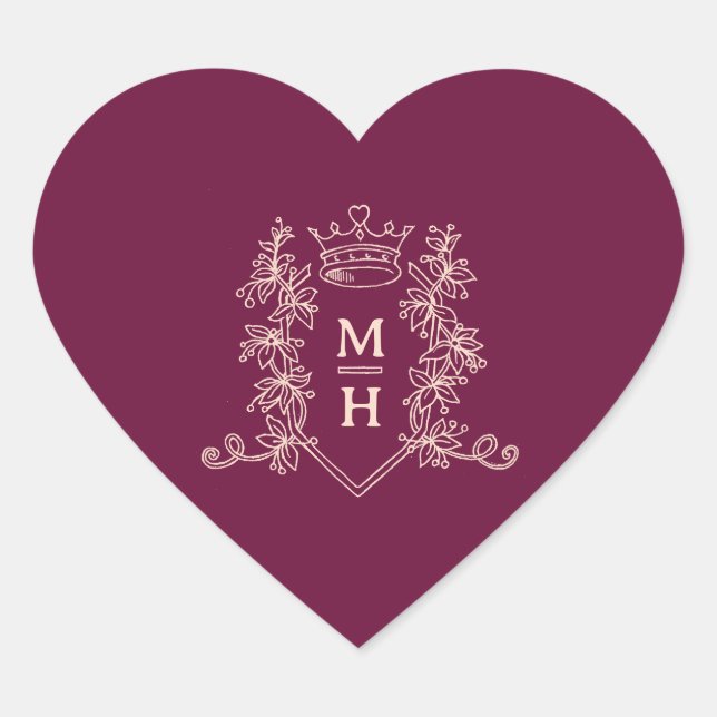 Dark red burgundy peach crown monogram wedding heart sticker (Front)