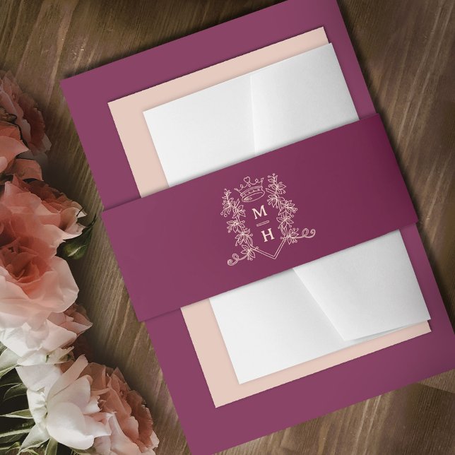 Dark red burgundy peach crown monogram wedding invitation belly band (Creator Uploaded)
