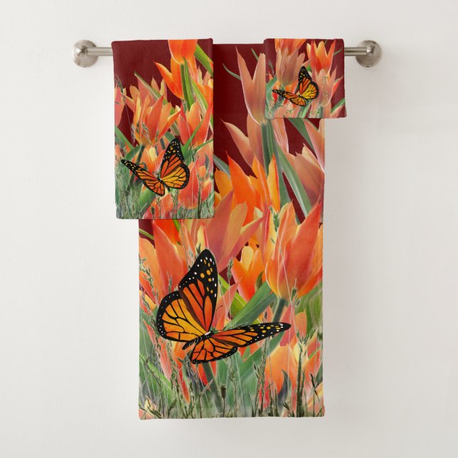 Dark Red Butterflies & Tulips Bath Towel Set (Insitu)