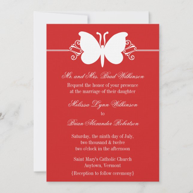 Dark Red Butterfly Swirls Wedding Invite (Front)