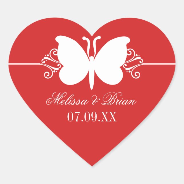 Dark Red Butterfly Swirls Wedding Stickers (Front)