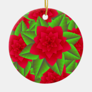 Dark Red Camellias and Green Leaves Ceramic Ornament