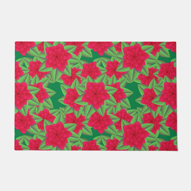 Dark Red Camellias and Green Leaves Doormat (Front)