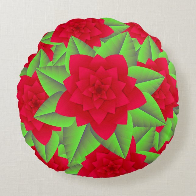 Dark Red Camellias and Green Leaves Round Cushion (Front)