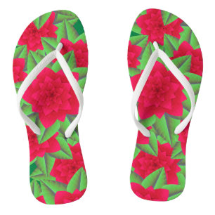 Dark Red Camellias and Green Leaves Thongs