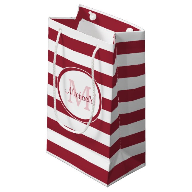 Dark Red Candy Stripes With Fashionable Monogram Small Gift Bag (Front Angled)