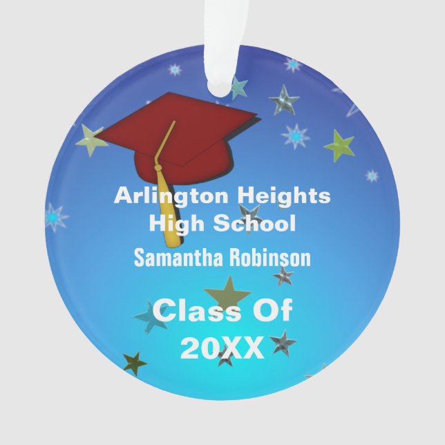Dark Red Cap and Stars Acrylic Graduation Ornament (Front)