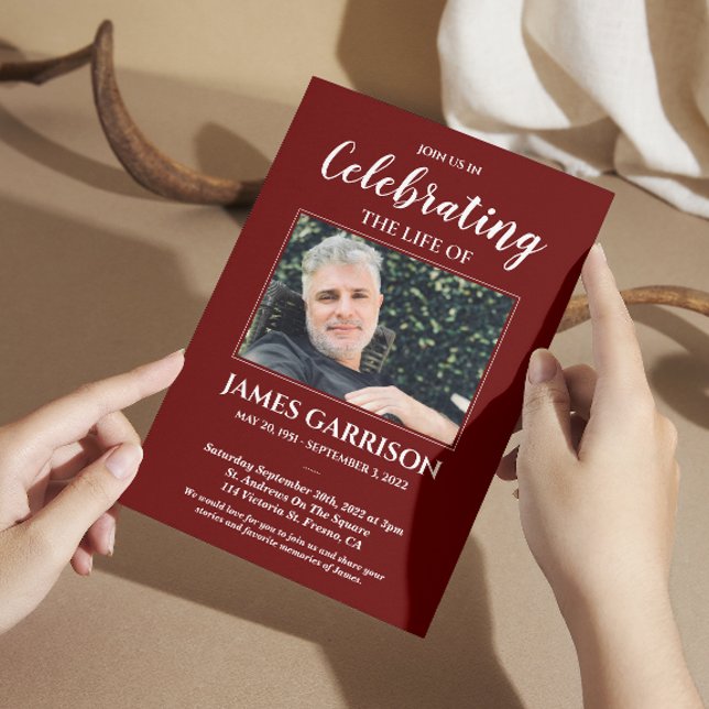 Dark Red Celebration of Life Photo Memorial Invitation (Creator Uploaded)