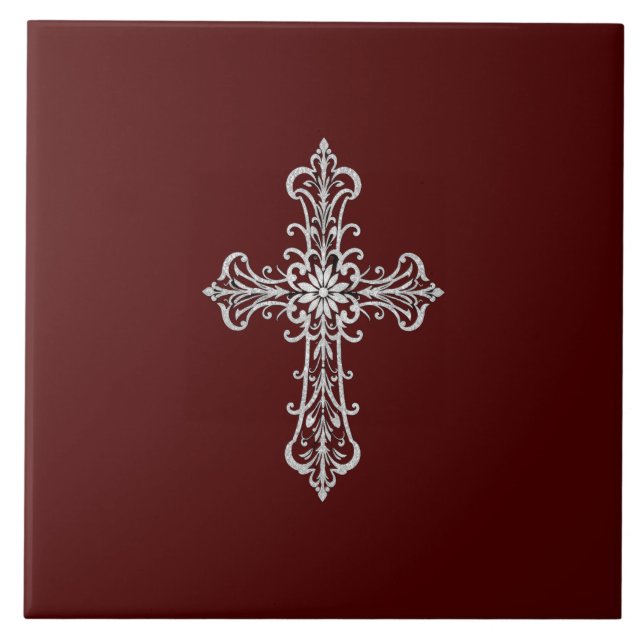 Dark Red Ceramic Tile with Silver Cross (Front)