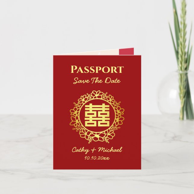 Dark red chinese wedding passport save the date announcement (Front)