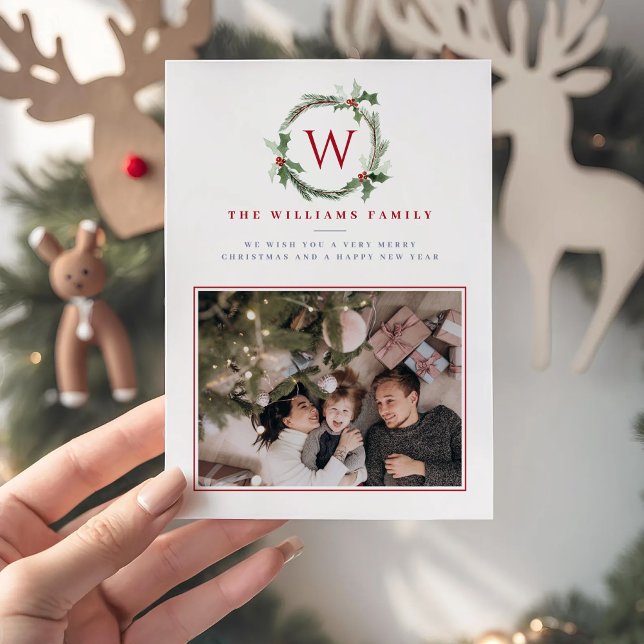 Dark Red Christmas Berries Wreath Holly Monogram Holiday Card (Creator Uploaded)