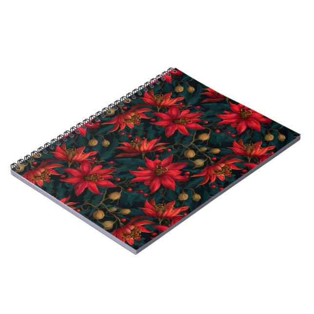 Dark Red Christmas Floral Pattern Notebook (Left Side)