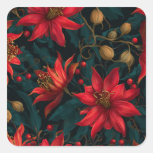 Dark Red Christmas Floral Pattern Square Sticker