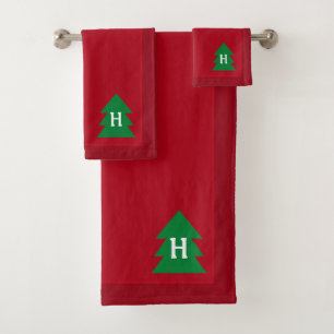 Dark Red Christmas Tree Custom Initial Elegant Bath Towel Set
