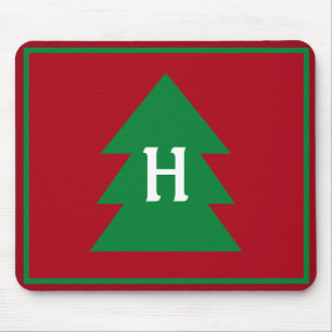 Dark Red Christmas Tree Custom Initial Elegant Mouse Pad