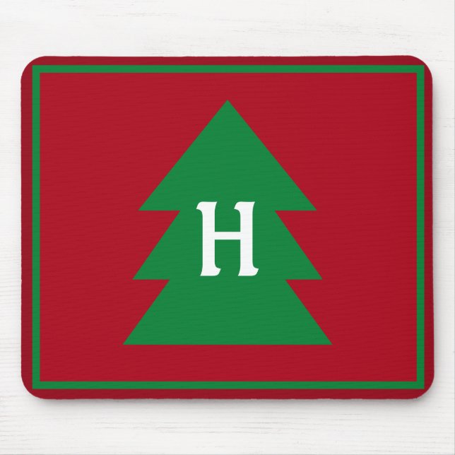 Dark Red Christmas Tree Custom Initial Elegant Mouse Pad (Front)