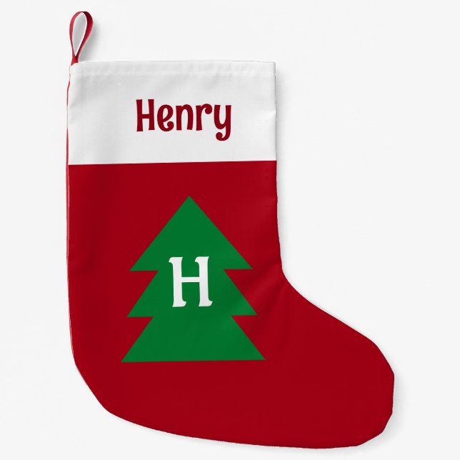 Dark Red Christmas Tree Custom Initial Elegant Small Christmas Stocking (Front)