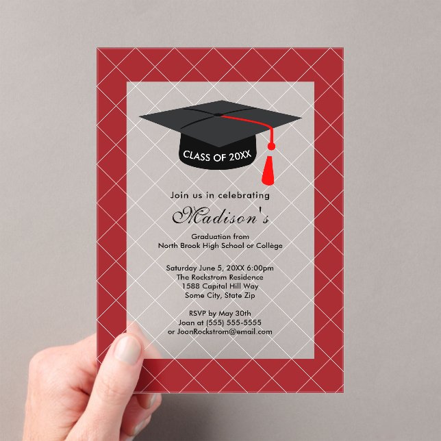 Dark Red Class of 20XX Graduation Party Acrylic Invitations (Insitu (Handheld))