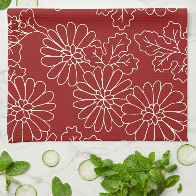 Dark Red Cream Floral Kitchen Cloth Towel (Folded)