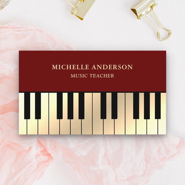 Dark Red Cream Gold Piano Keyboard Teacher Pianist Business Card (Creator Uploaded)