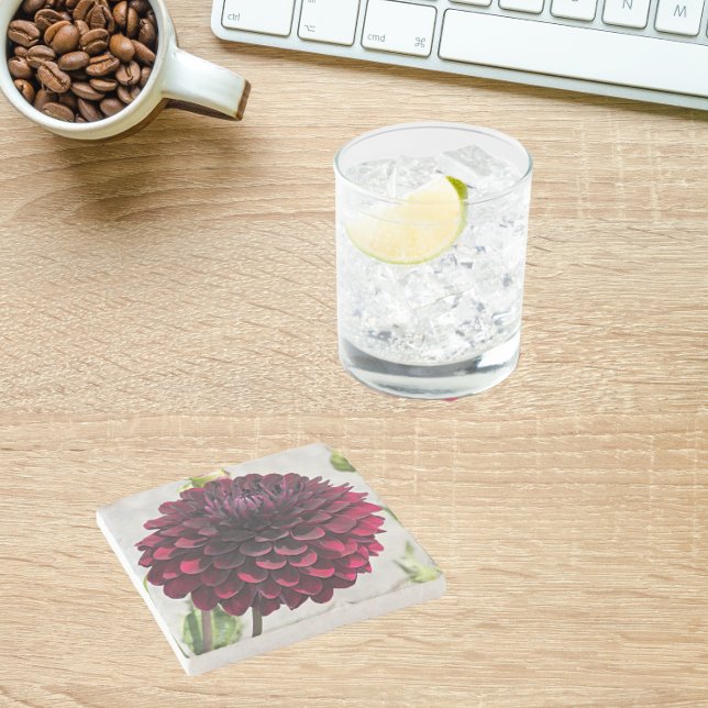 Dark Red Dahlia Bloom Floral Stone Coaster (In Situ)