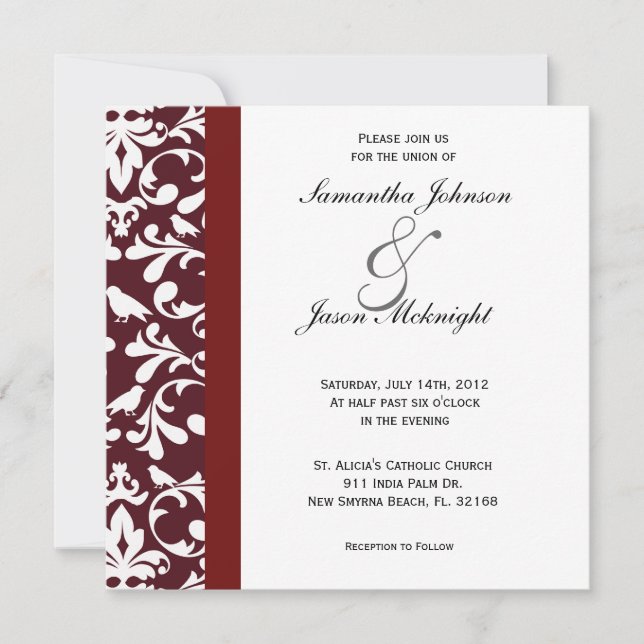 Dark Red damask wedding invite (Front)