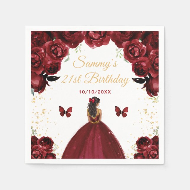 Dark Red Dark Skin Princess Birthday Party Napkin (Front)