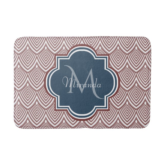 Dark Red Deco Scallops Navy Blue Monogram Name Bath Mat (Front)