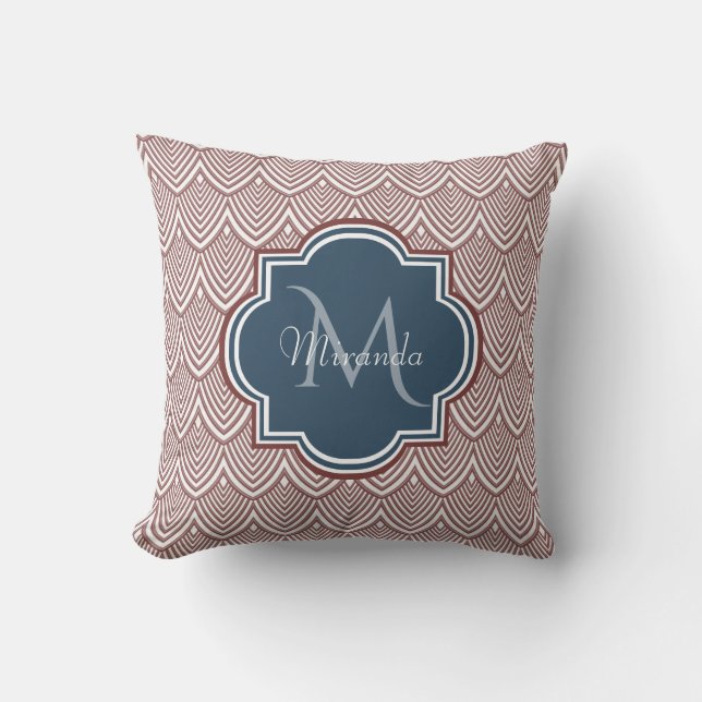 Dark Red Deco Scallops Navy Blue Monogram Name Cushion (Front)