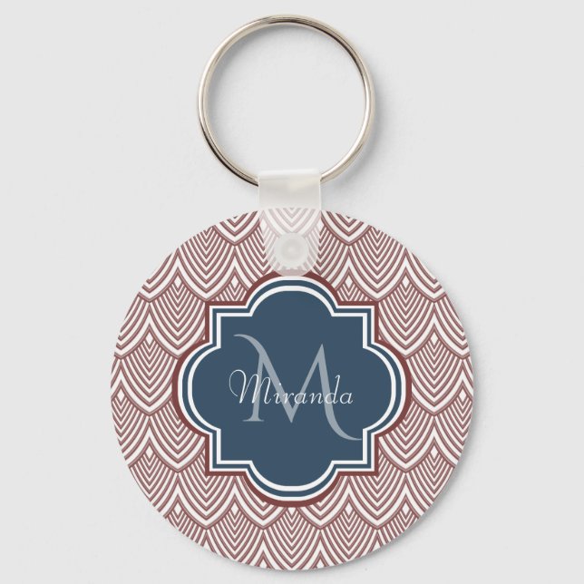 Dark Red Deco Scallops Navy Blue Monogram Name Key Ring (Front)