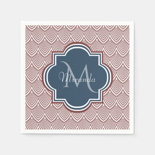 Dark Red Deco Scallops Navy Blue Monogram Name Napkin (Front)