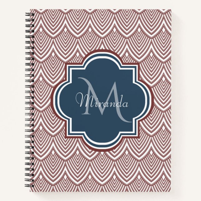 Dark Red Deco Scallops Navy Blue Monogram Name Notebook (Front)