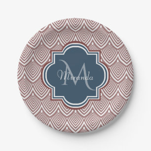 Dark Red Deco Scallops Navy Blue Monogram Name Paper Plate