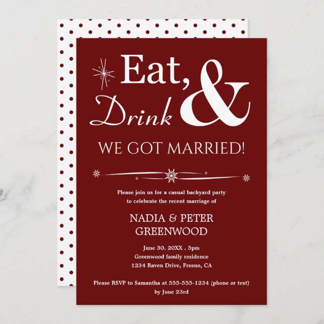 Dark Red Eat Drink We Got Married Elopement Party Invitation (Front/Back)