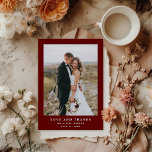Dark Red Elegant Text and Photo | Wedding Thank You Card<br><div class="desc">These minimalist and elegant wedding thank you cards feature modern white text on a dark red,  maroon background,  with your personal photo. A simple and stylish look.</div>