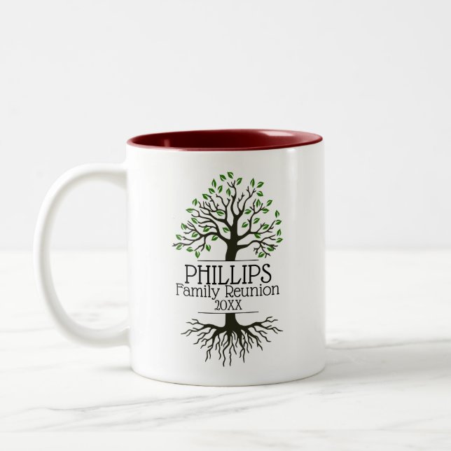 Dark Red Family Tree Family Reunion Two-Tone Coffee Mug (Left)
